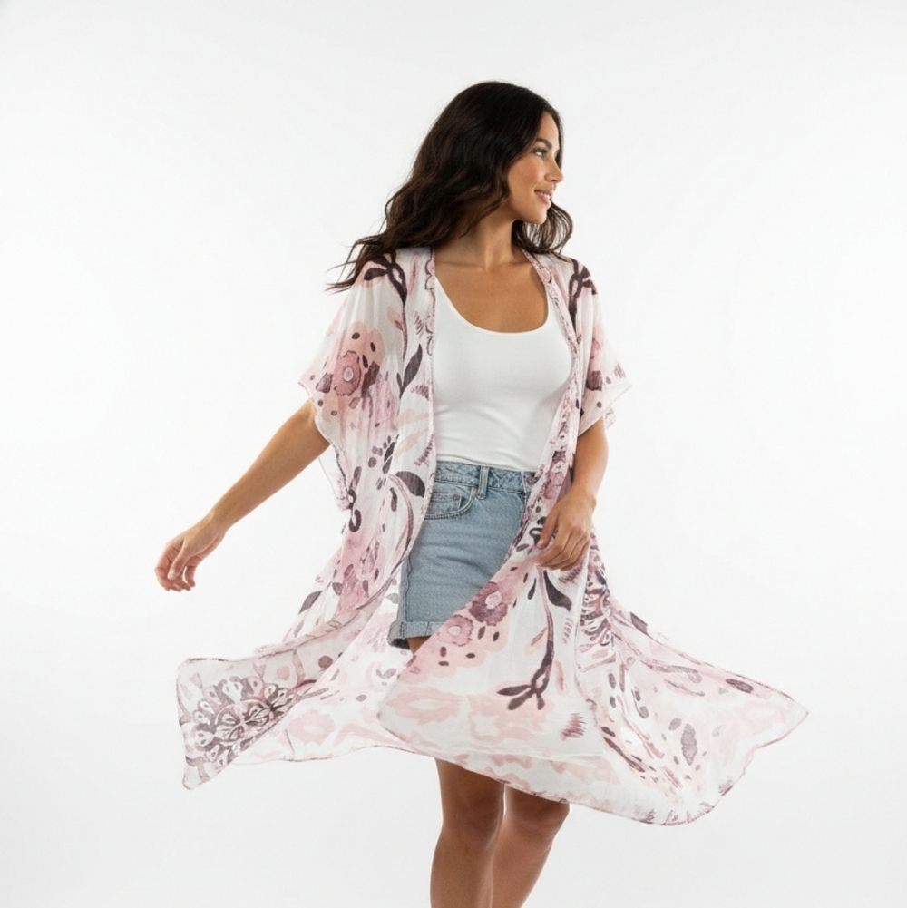 Styline Kimono Pink Boho Beach Festival Cottage OSFA NWT